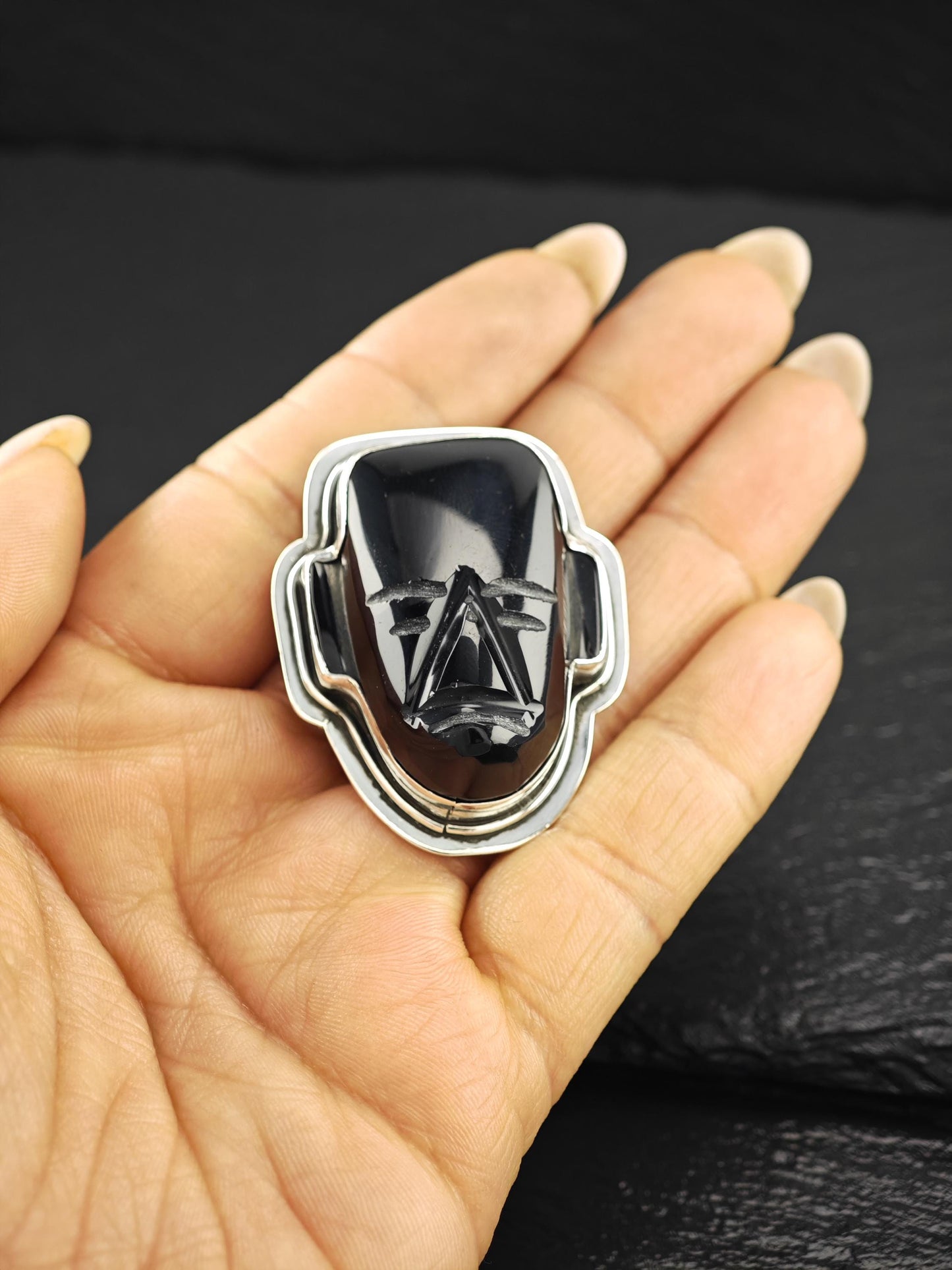Vintage Carved Mask Brooch Sterling Silver