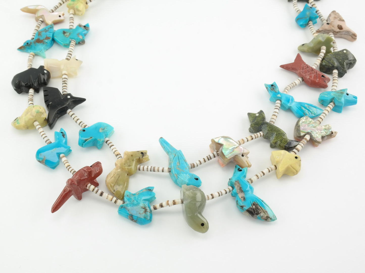 Vintage Zuni Turquoise, Multi Gem, Animal Carvings, Heishi, Bead, Sterling Silver Necklace