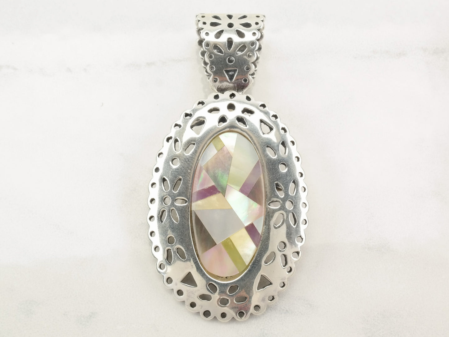 Vintage Relios MOP Inlay, Floral, Detachable Bail Sterling Silver Pendant