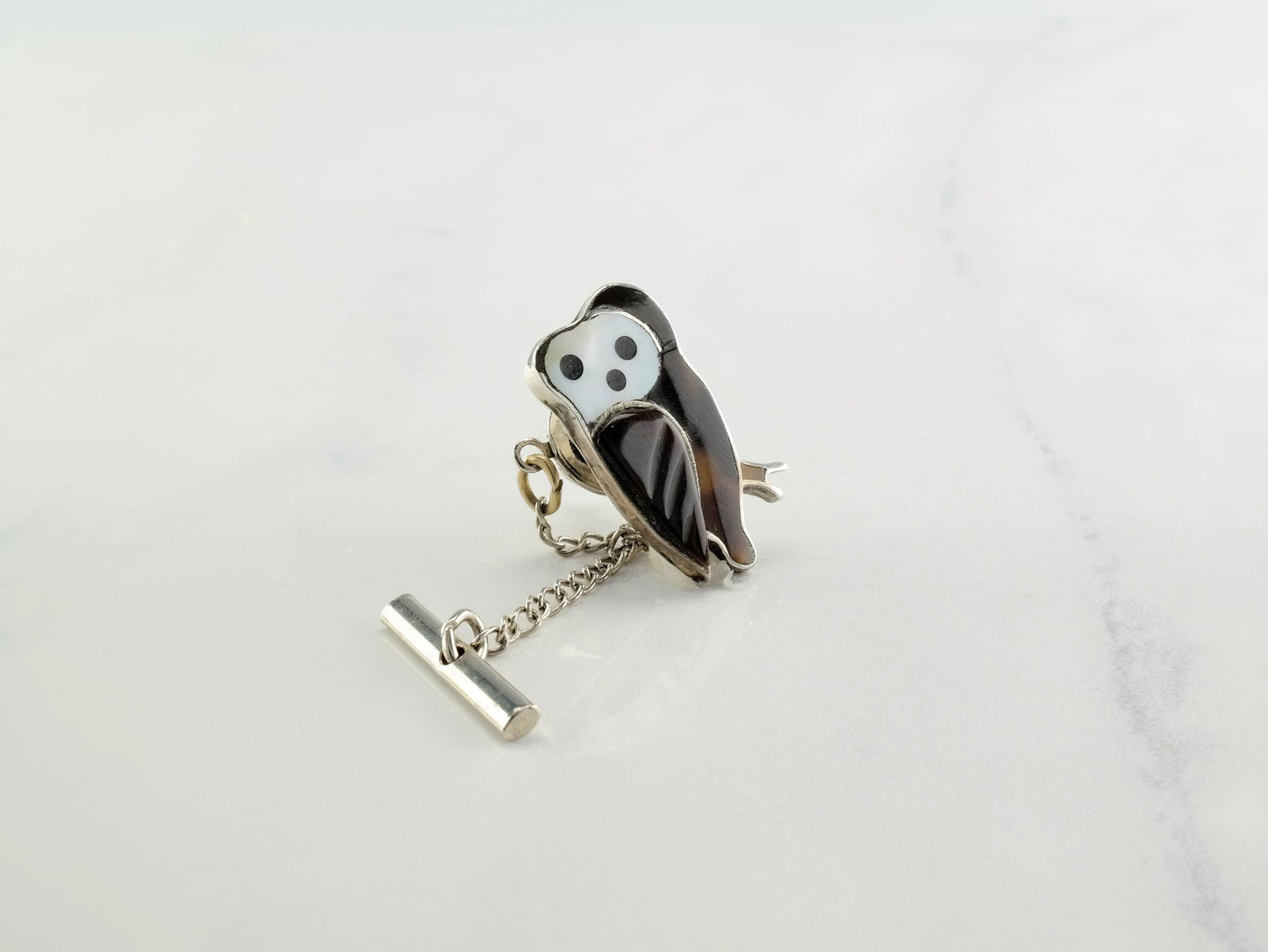 Native American Zuni Vintage Sterling Silver Shell Jet Mother of Pearl Owl Pin