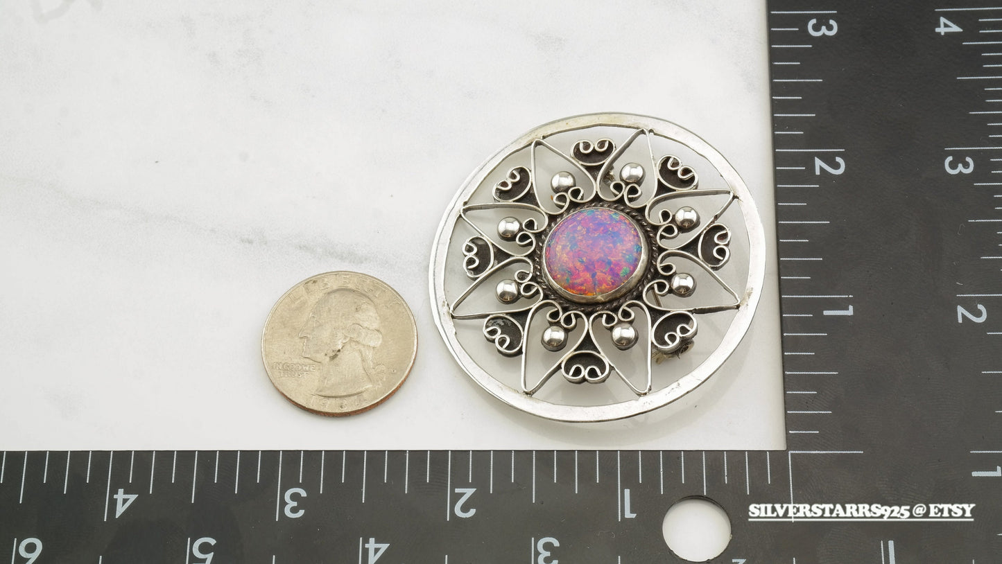 Circle Silver Brooch Opalized Glass Filigree Sterling B1333