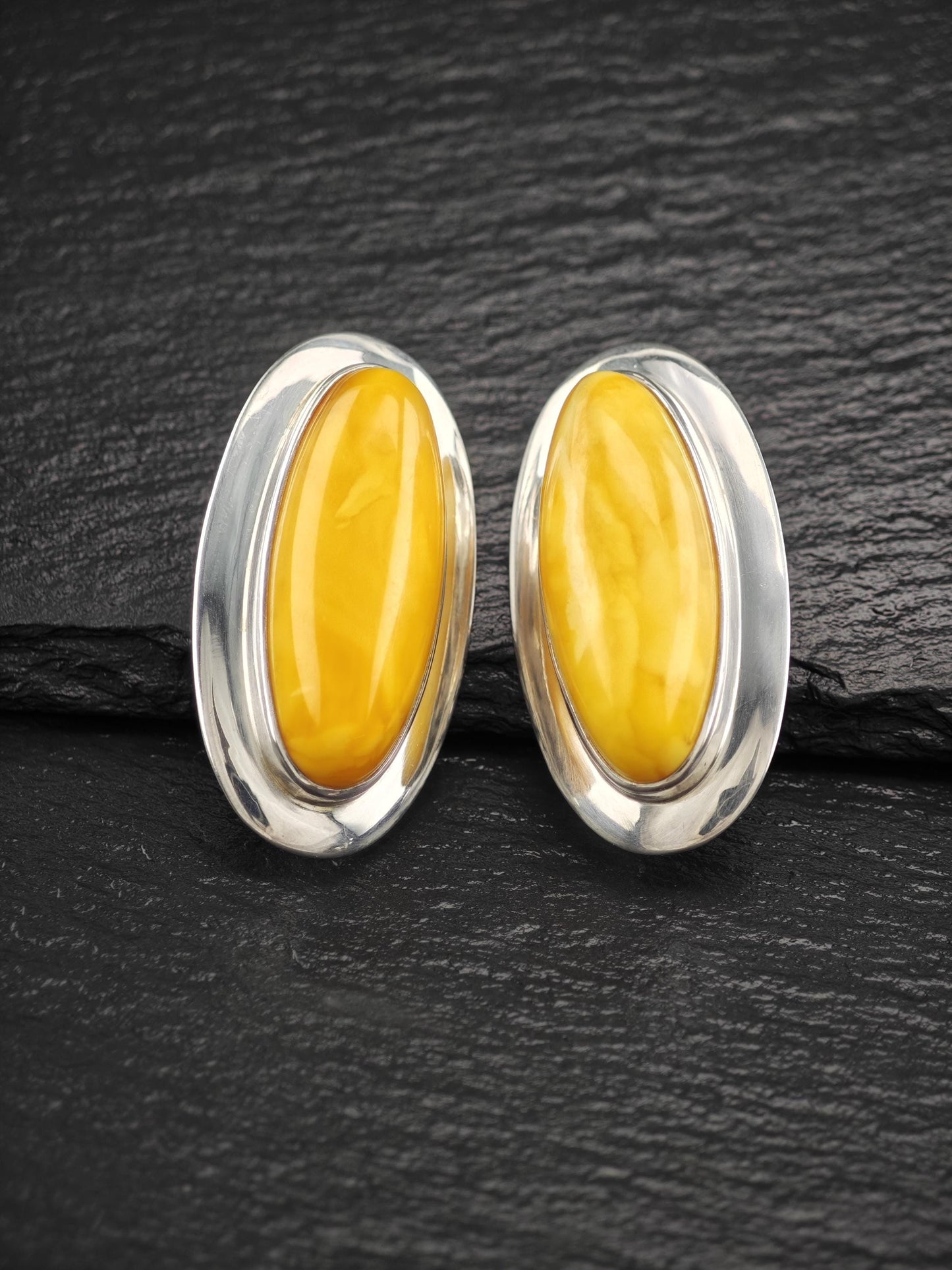 Large Oval Sterling Silver Butterscotch Amber StudClip-On Earrings MODERNIST Design