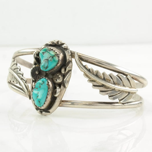Sterling Silver Cuff Bracelet Blue Turquoise Feather, Two Stone