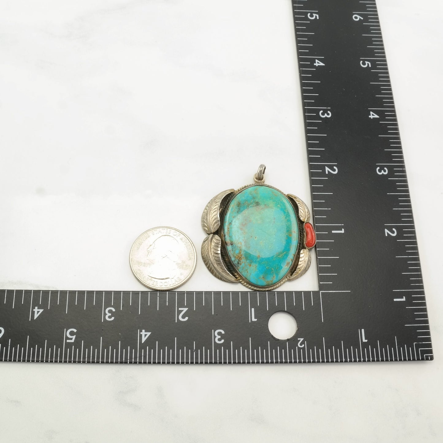 Sw Turquoise, Coral Feather Sterling Silver Pendant P2268
