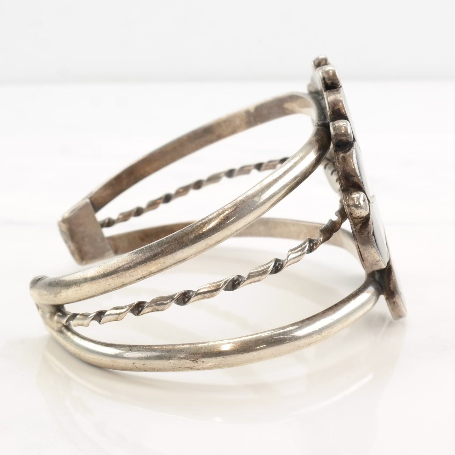 Native American Sterling Silver Cuff Bracelet | Gemstone Sun Inlay | Southwestern Jewelry