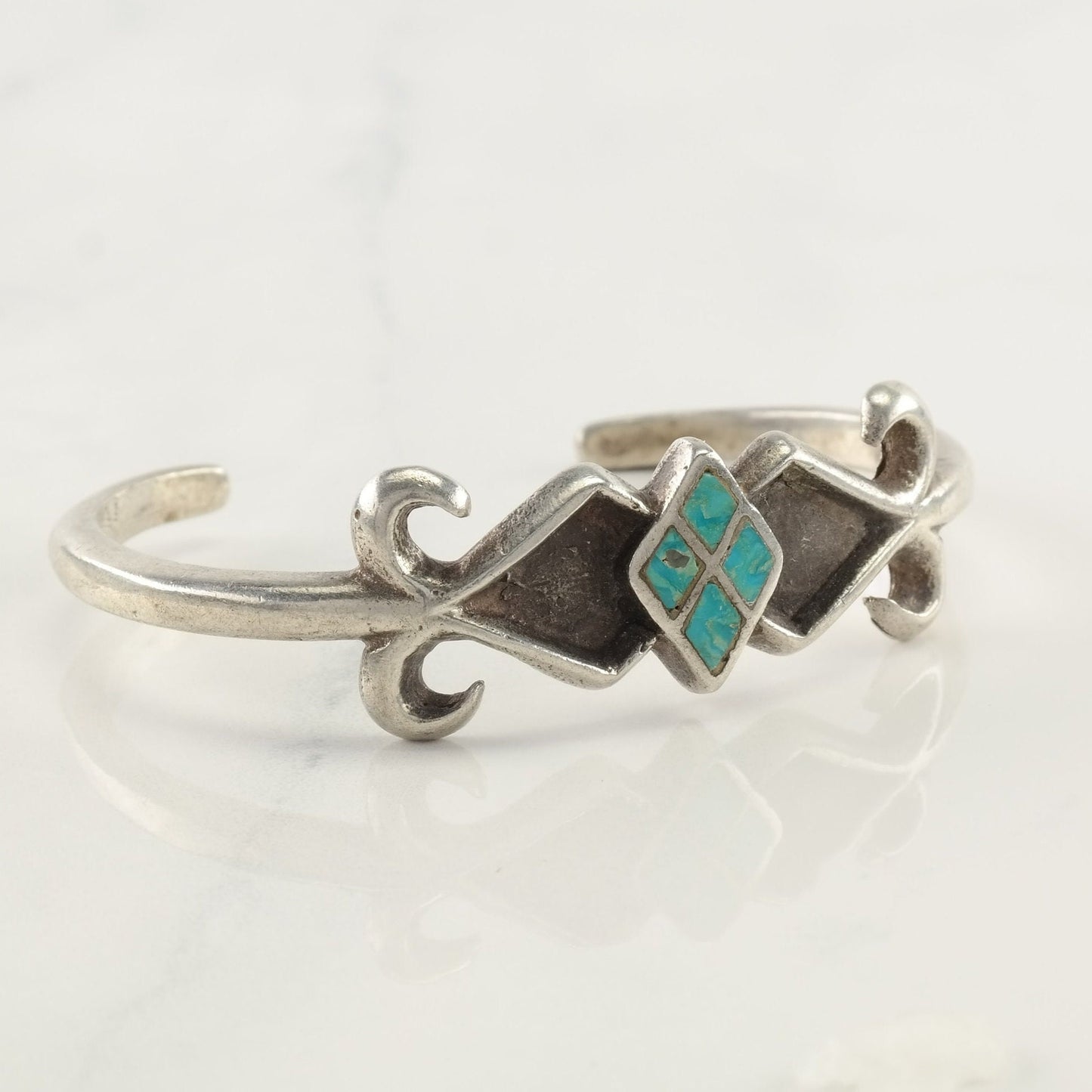 Native American Sterling Silver Cuff Bracelet Turquoise Inlay Sandcast