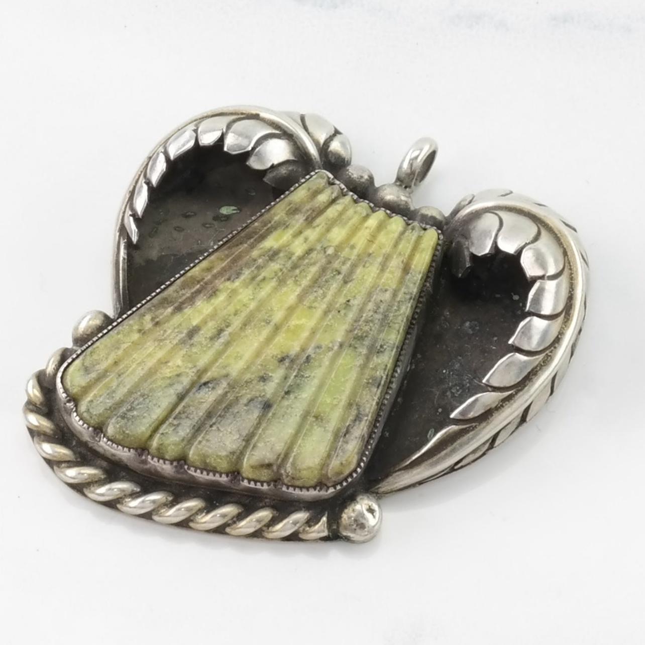 Vintage Native American Green Gemstone Leaf Sterling Silver Pendant