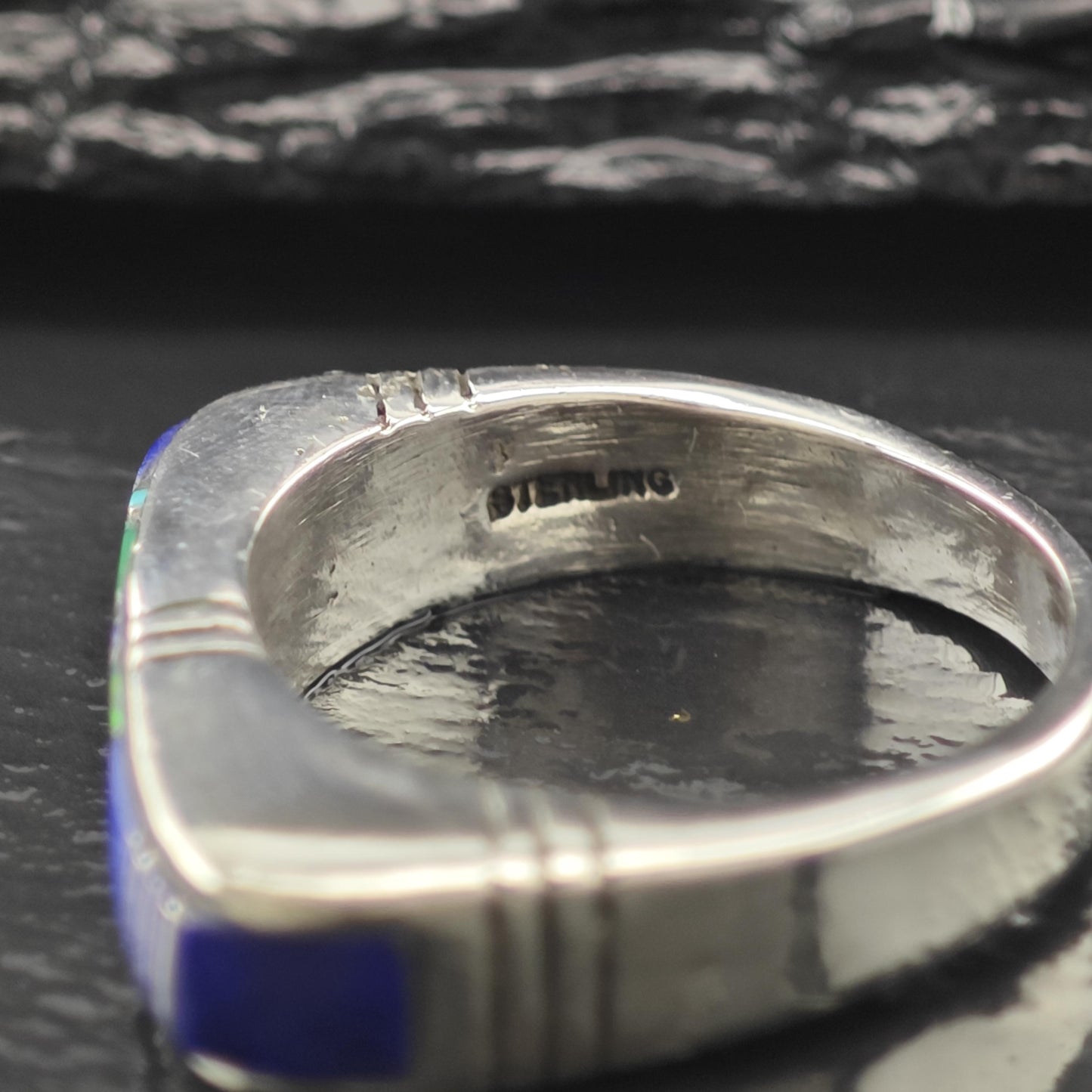 Native American Lapis, Turquoise, Lab Opal Inlay Ring Sterling Silver