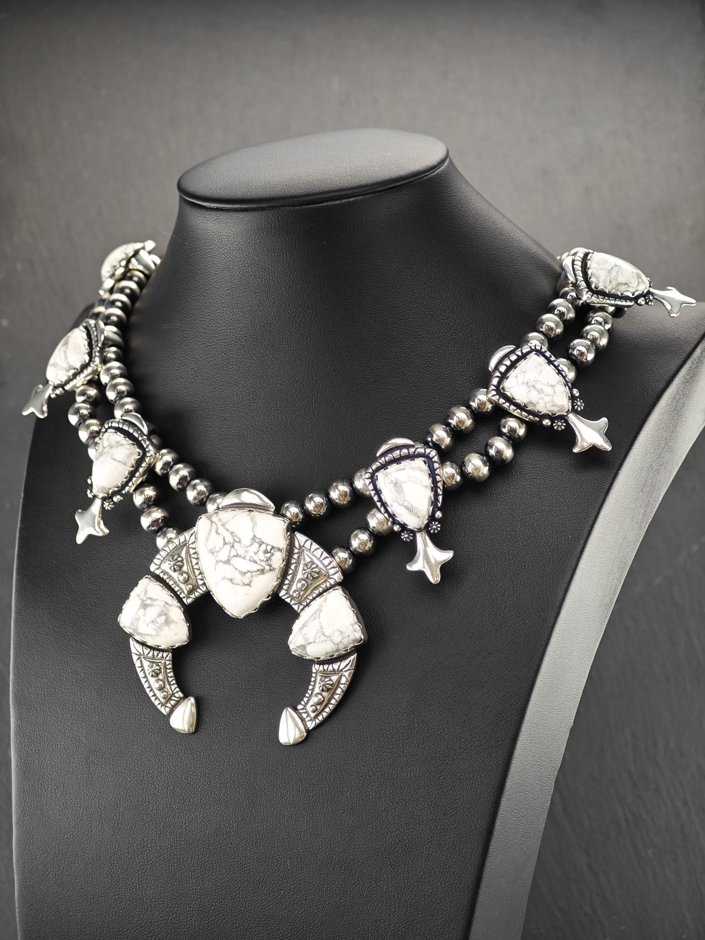 American West, Carolyn Pollack, Howlite Squash Blossom Necklace Sterling Silver