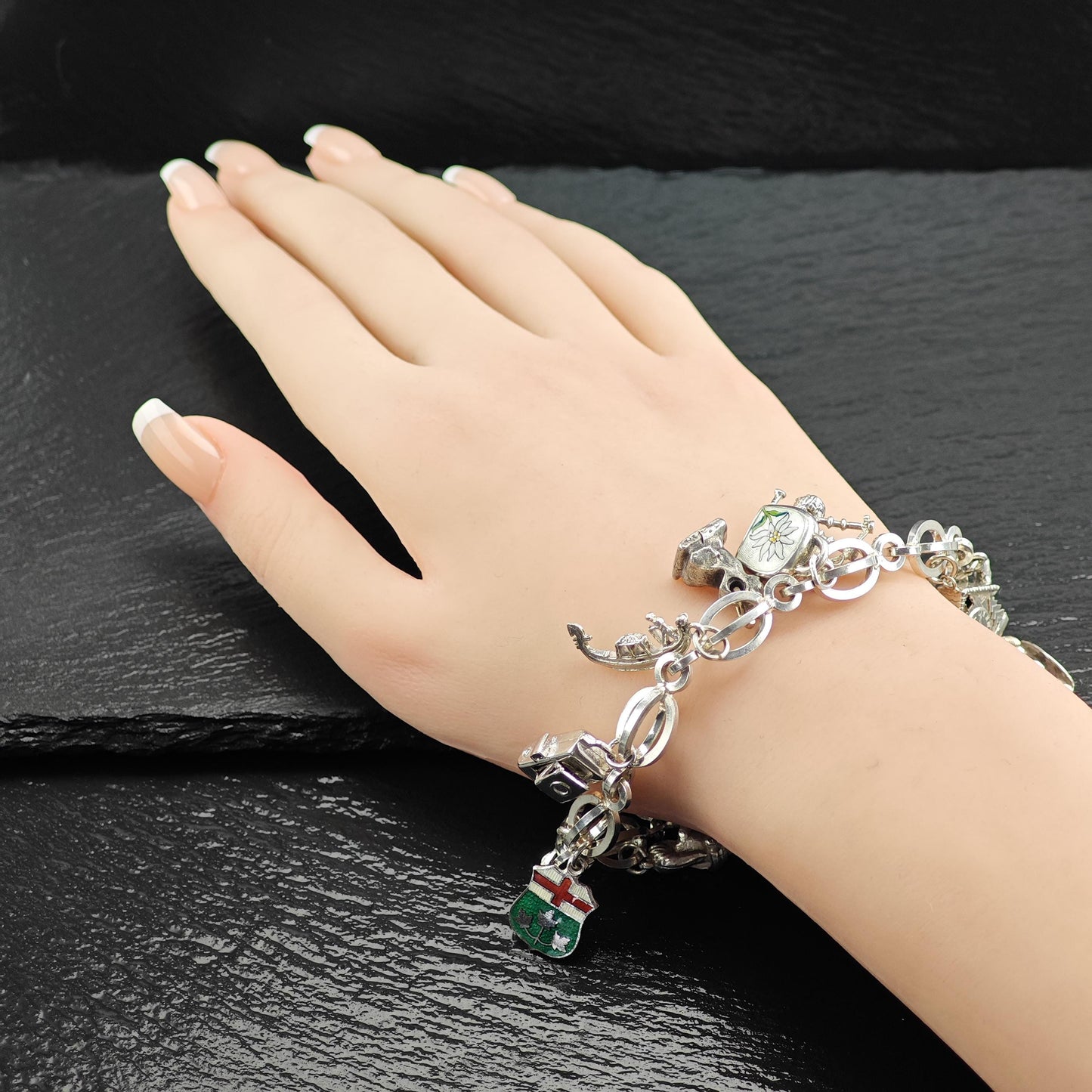 1950's 10 Charm Bracelet 1 Pewter, Enamel, Skier Sterling Silver