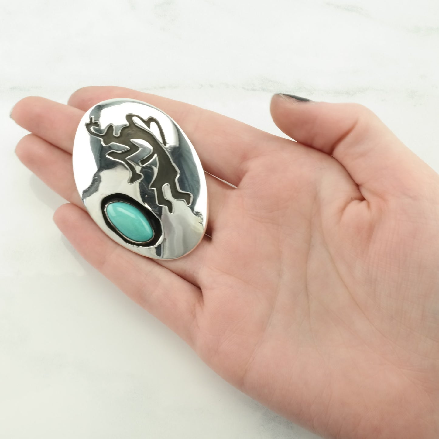 Vintage Southwest Turquoise Overlay, Kokopelli Sterling Silver Pendant