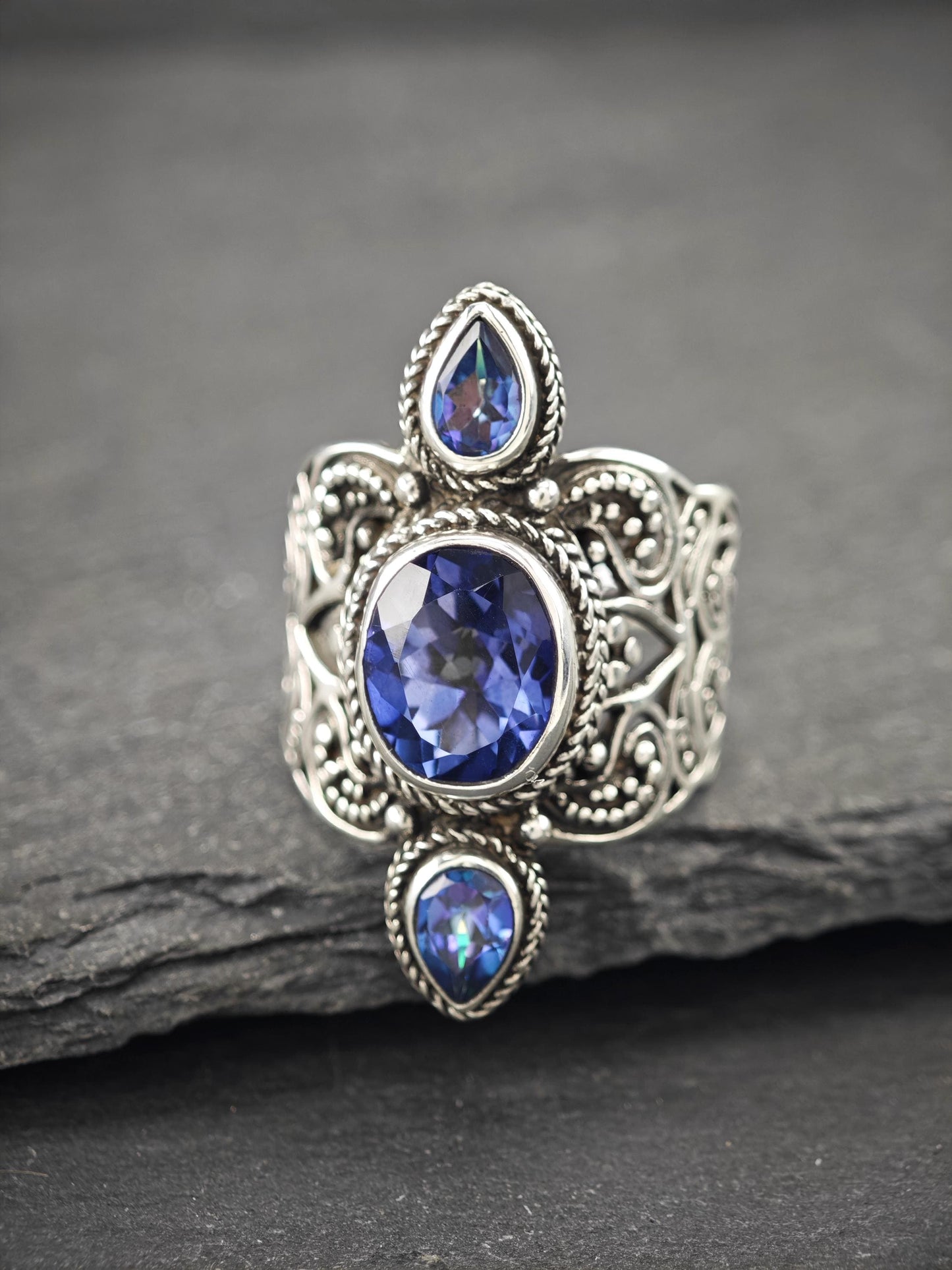 Sarda Mystic Topaz Doublet, Filigree Ring Sterling Silver