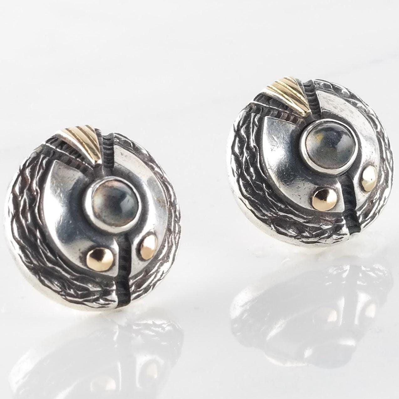 Vintage Sterling Silver, 14k Gold Stud Earrings Rishar Rainbow Moonstone Brutalist