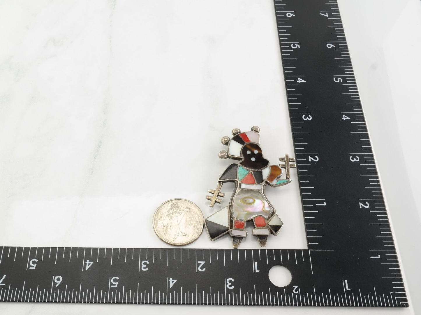 Zuni Brooch Crown Dancer Multi Stone Inlay Sterling Silver