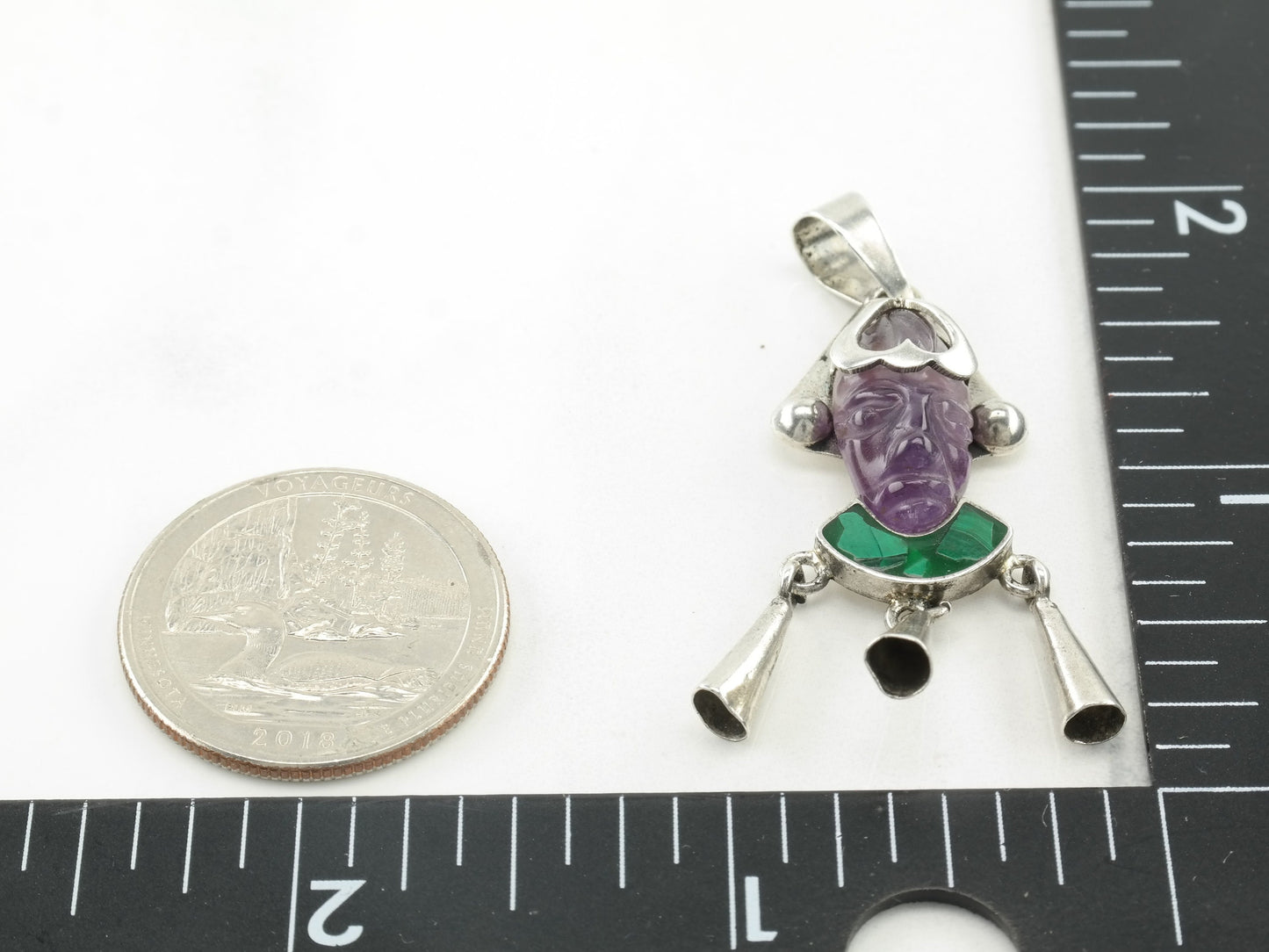 Vintage Taxo Amethyst Malachite Carved Mayan Face Sterling Silver Pendant
