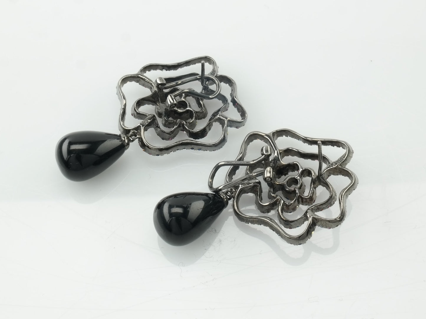 Levian Sterling Silver Multicolor Black Onyx Sapphire Floral Omega back Earrings