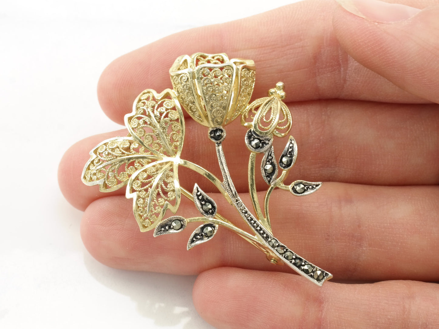 Sterling Silver Vintage Flower Brooch Marcasite Gold Hue