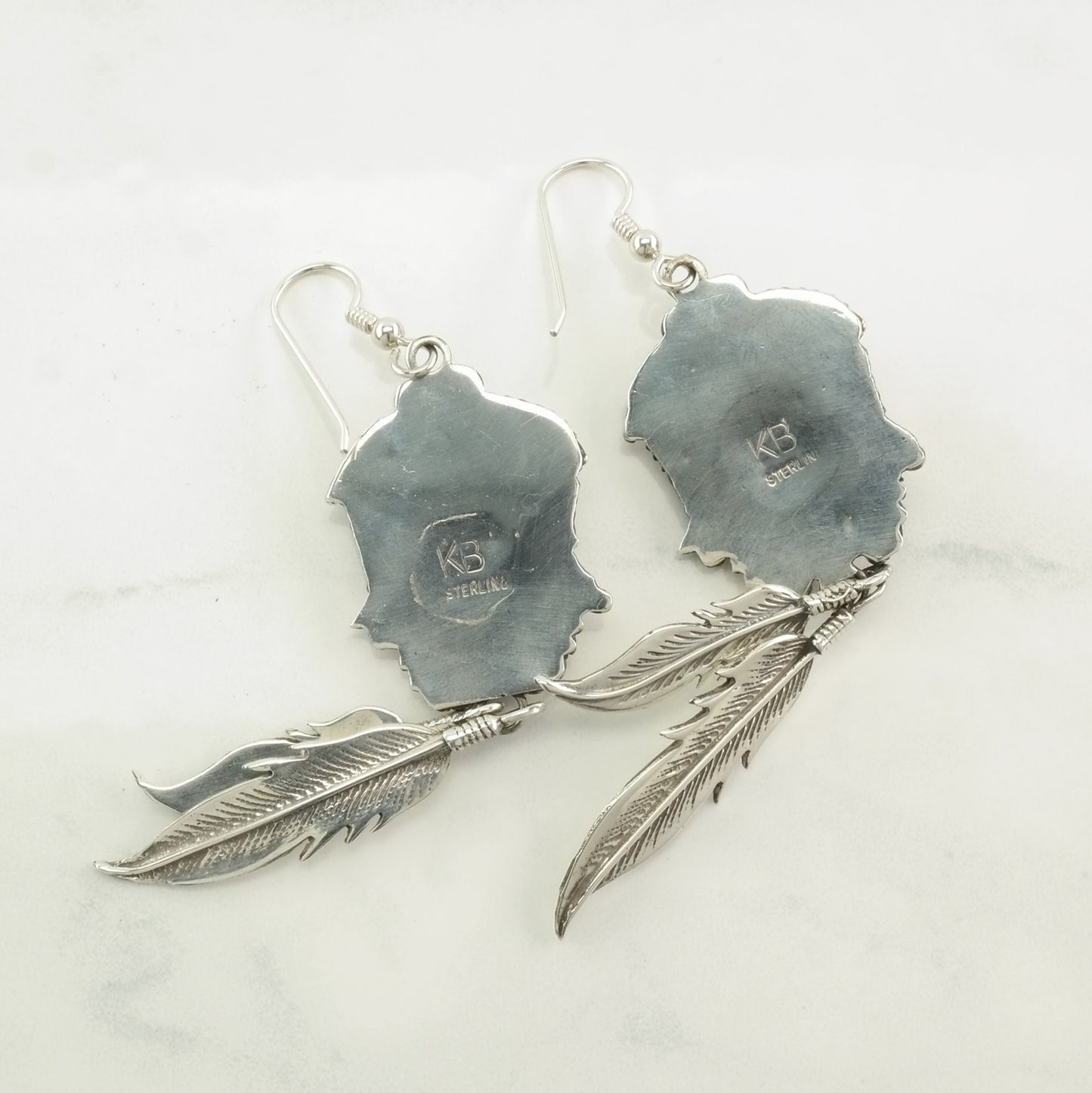 Native American Sterling Silver Turquoise, Coral Feather, Floral Earrings Fish hook