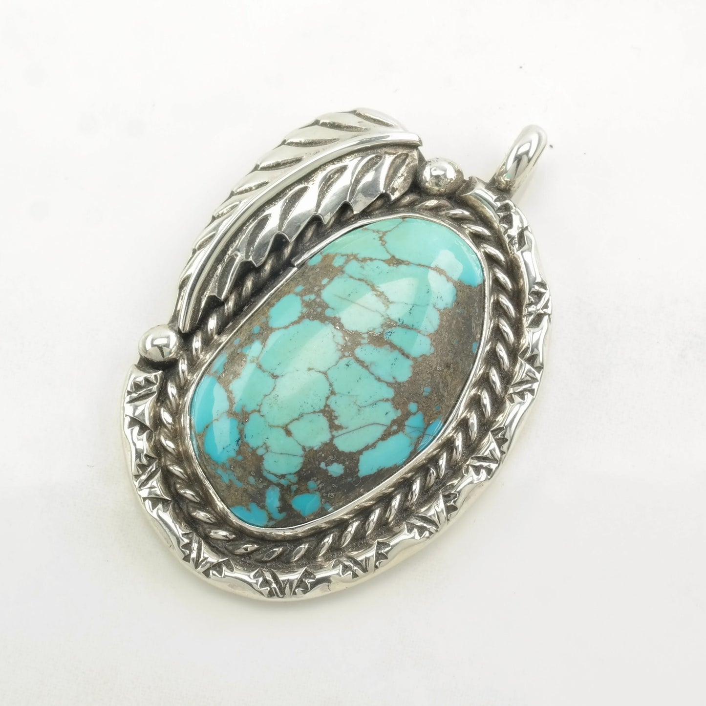 Vintage Native American Spiderweb Turquoise Feather Sterling Silver Pendant