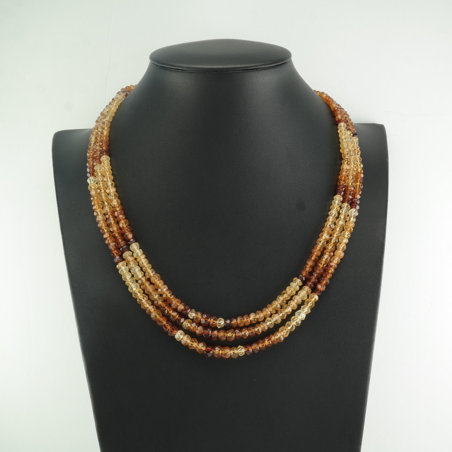 Vintage Sterling Silver Orange Citrine, 14K gold 3 Strand, Bead Necklace