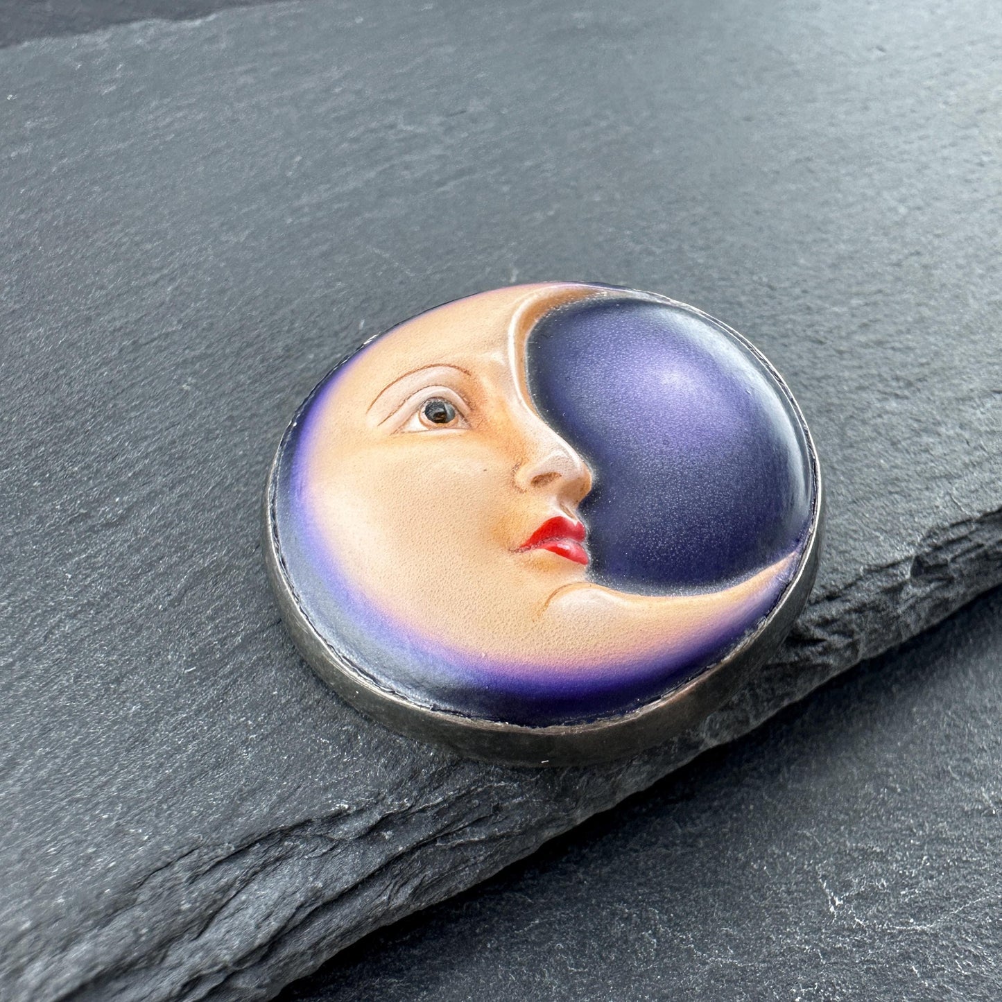 Sergio Bustamante Enamel, Moonface Brooch/Pendant Sterling Silver