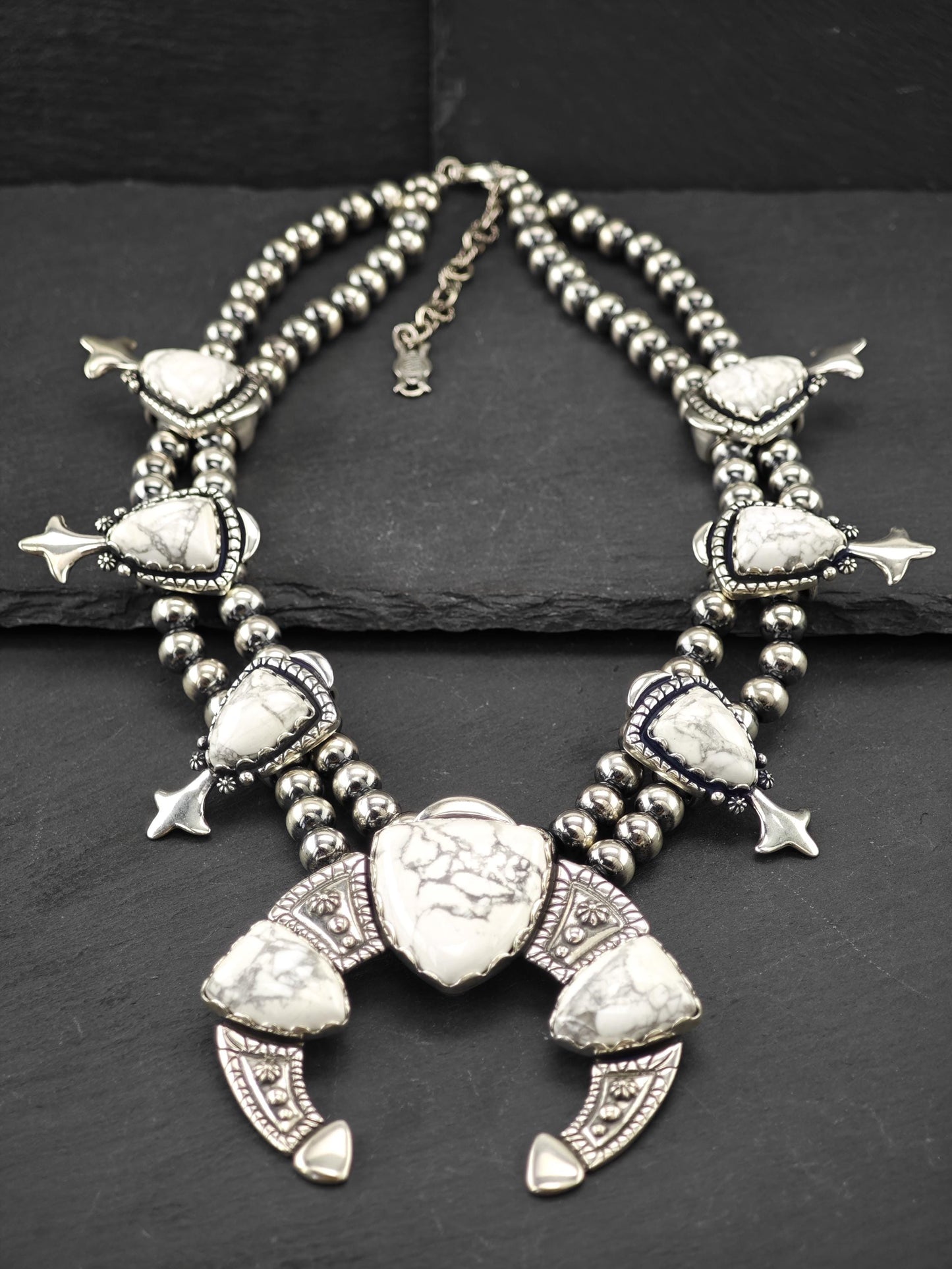 American West, Carolyn Pollack, Howlite Squash Blossom Necklace Sterling Silver