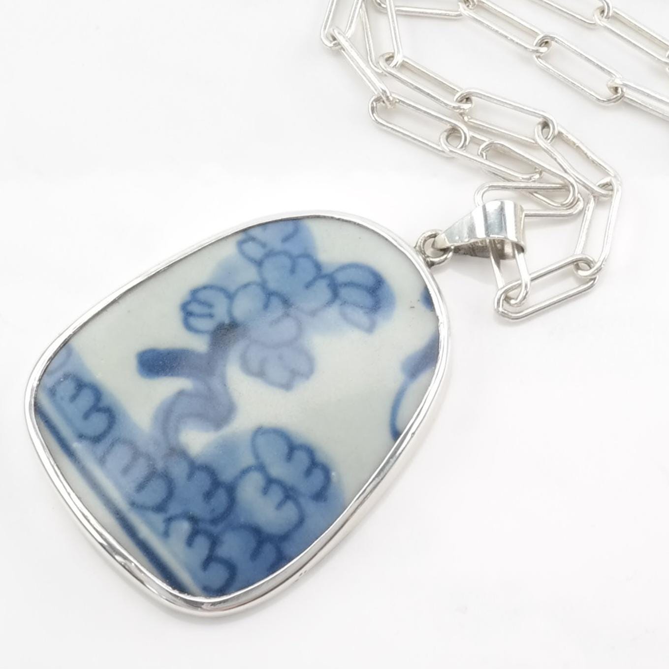 Vintage Chinese Sterling Silver Blue, White Painted Porcelain Trees Necklace