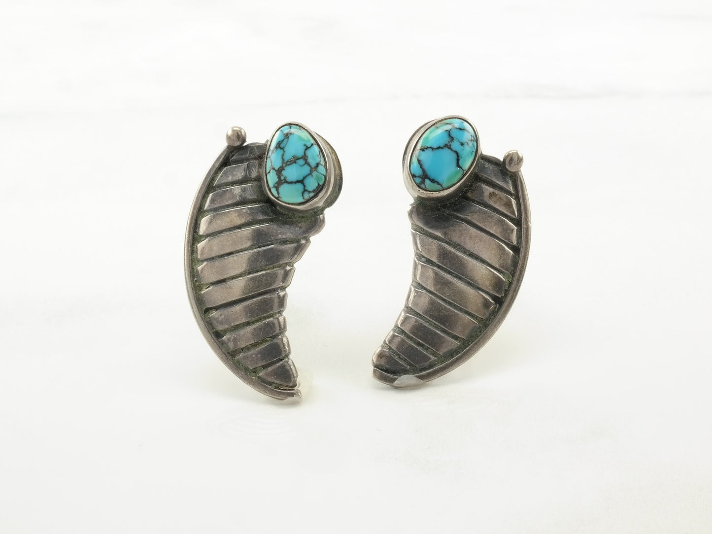 Native American Spiderweb Turquoise Claw Design Sterling Silver Earrings Screwback