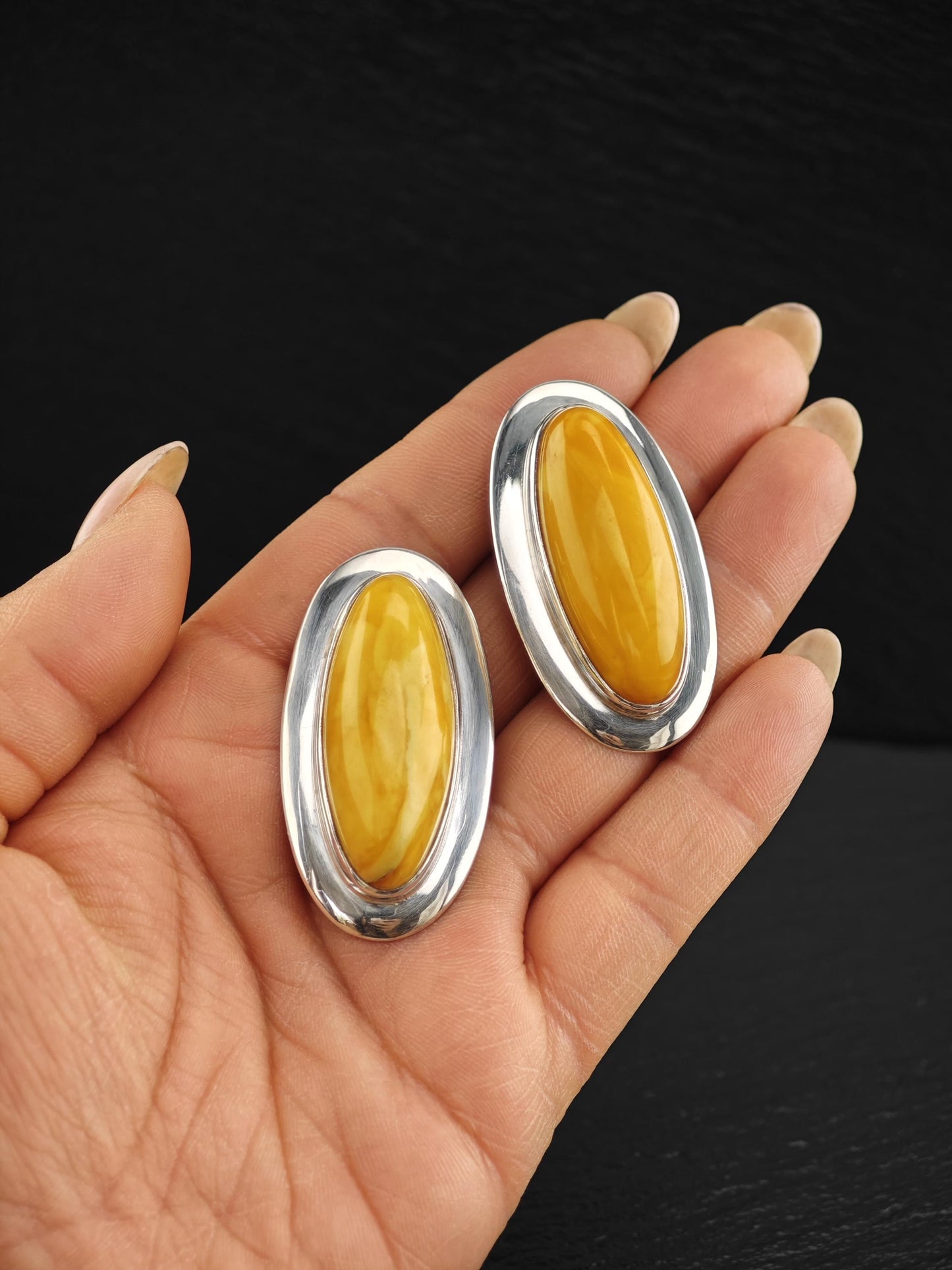Large Oval Sterling Silver Butterscotch Amber StudClip-On Earrings MODERNIST Design