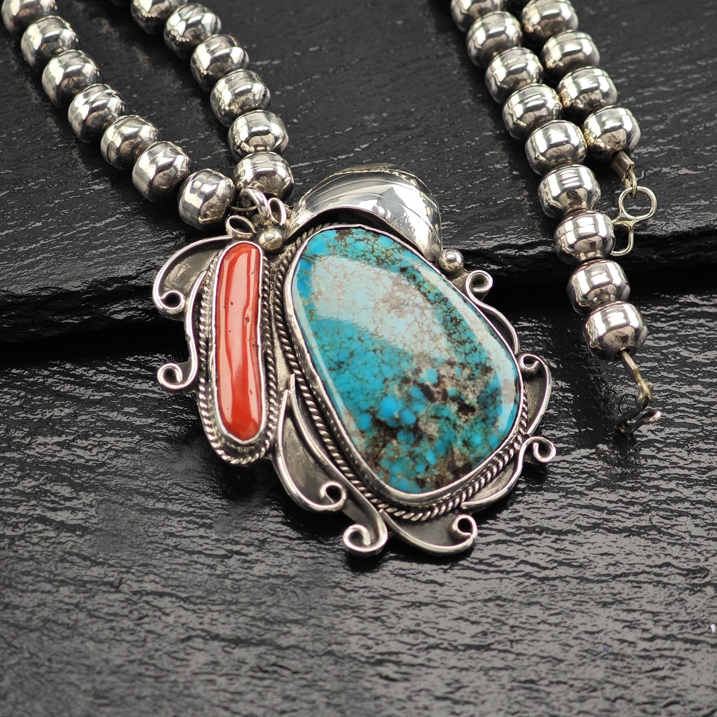 Native American Turquoise, Coral Beaded Necklace in Sterling Silver