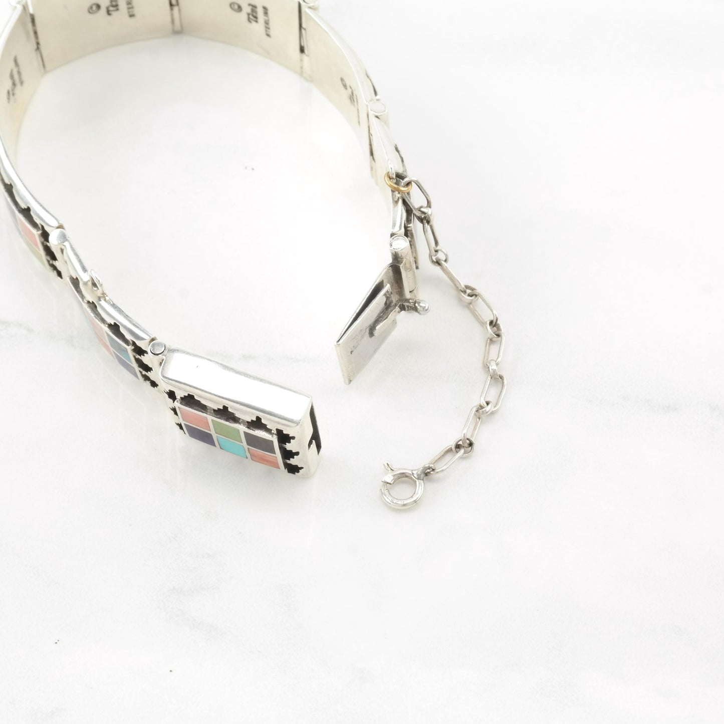 Teme Inlay Sterling Silver Bracelet Turquoise Coral Lapis Shadow Box