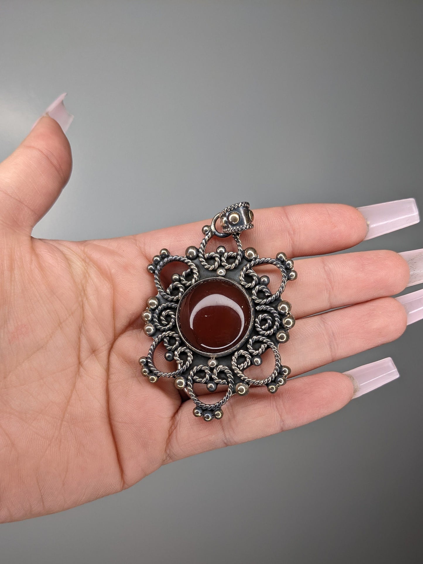 Sterling Silver Carnelian Red Beadwork Pendant