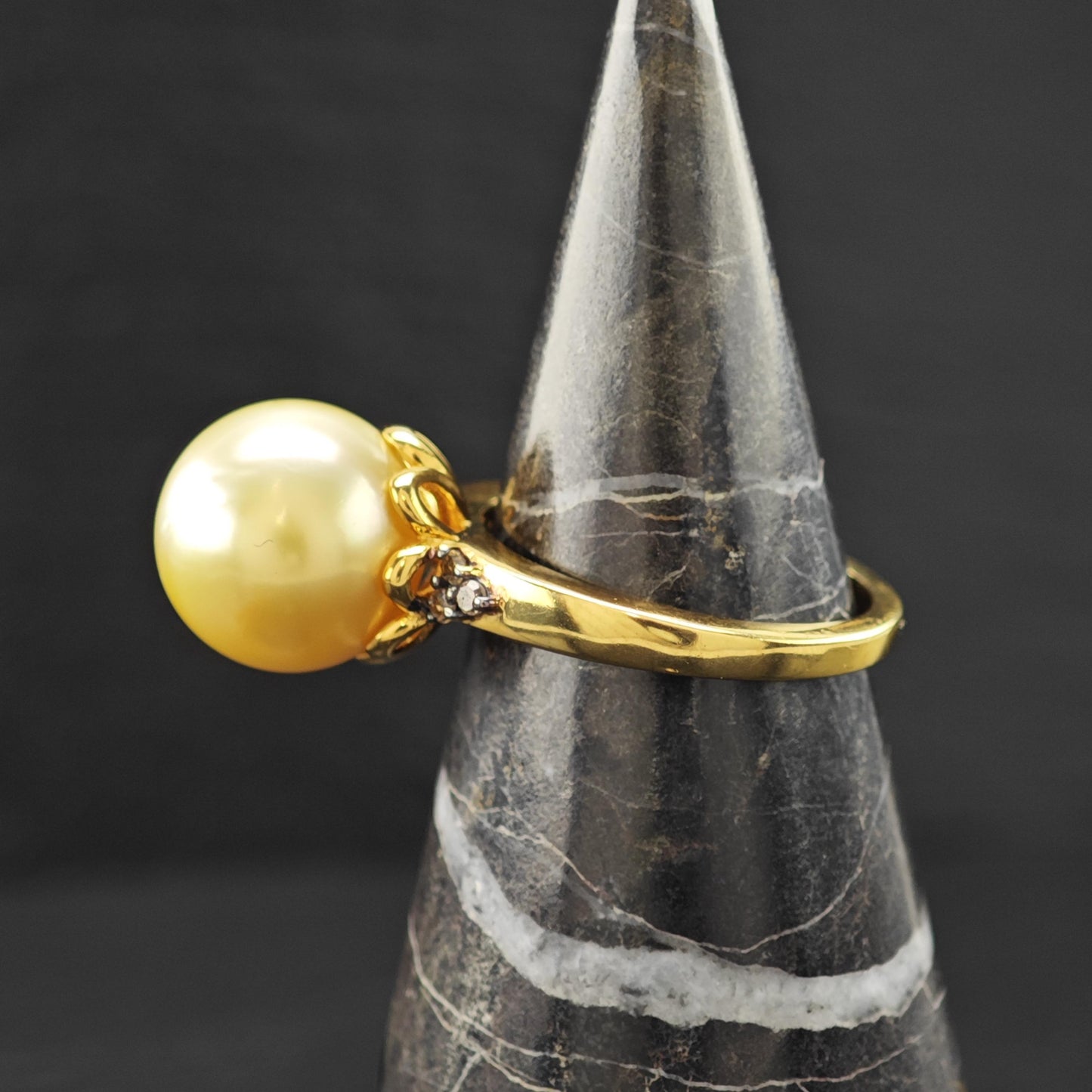 12mm Pearl Diamond 14K Gold Plated Ring Sterling Silver Sz 6