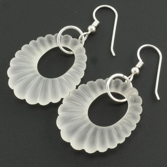 Vintage Sterling Silver Fish hook, dangle Earrings White Sand Blasted, Rock Crystal