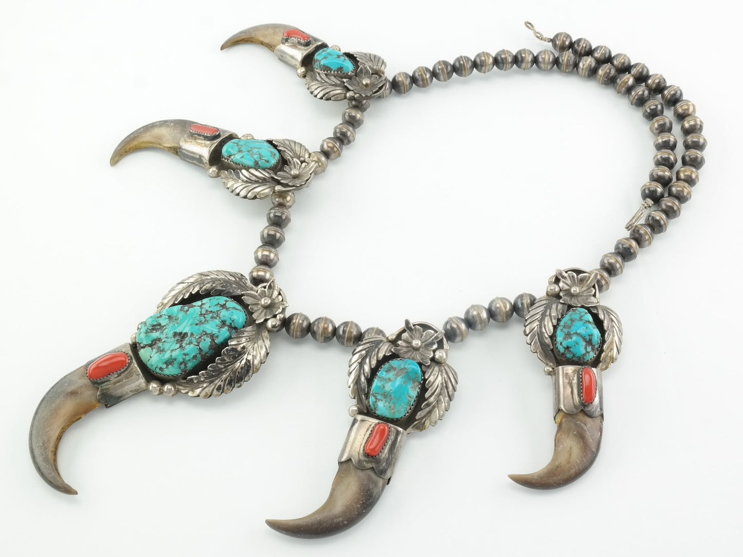 Native American Sterling Silver Turquoise, Coral, Floral, Feather Necklace