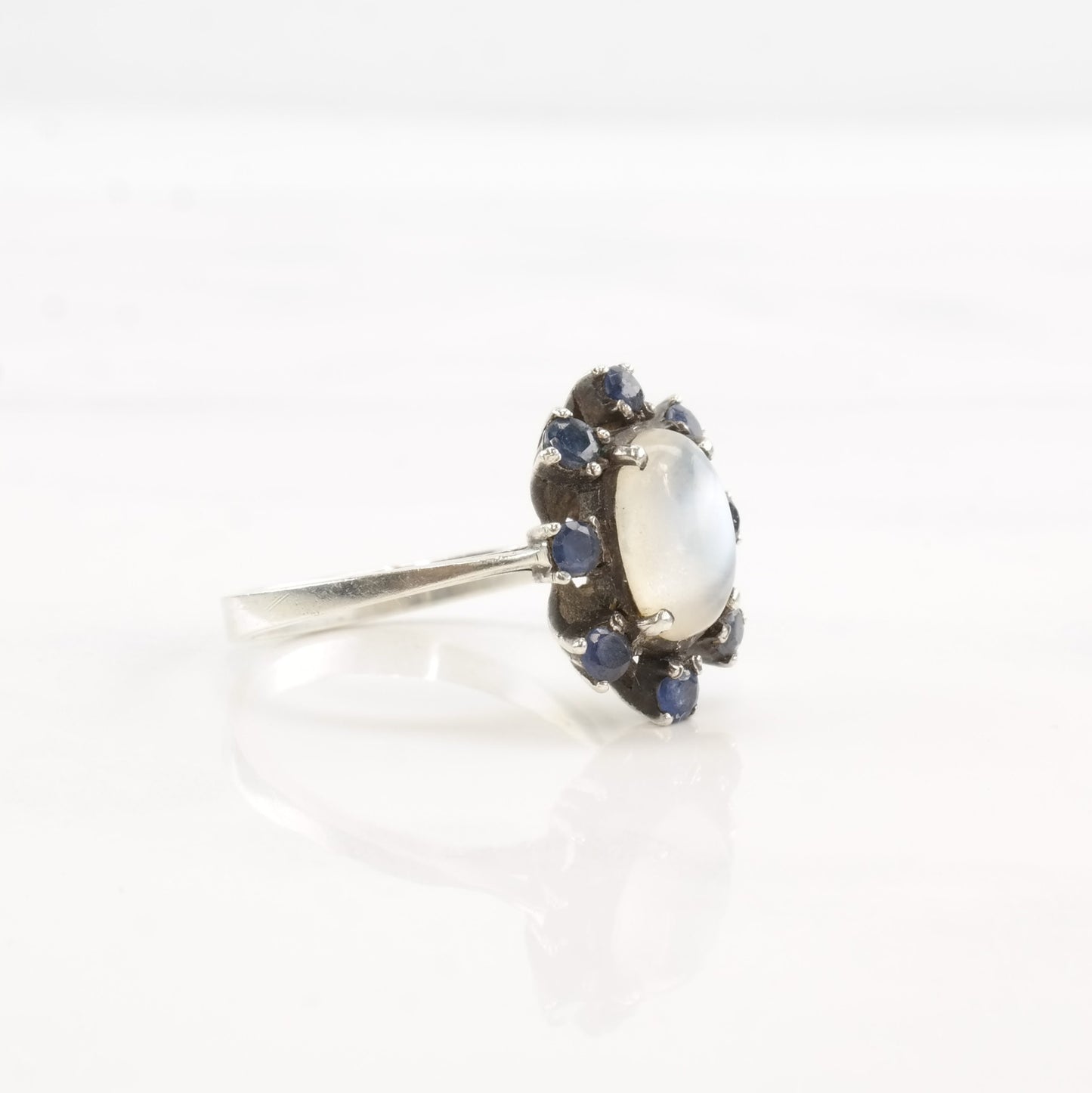 Vintage Mid Century Silver Ring Moonstone Sapphire Flower Sterling Size 7 1/4