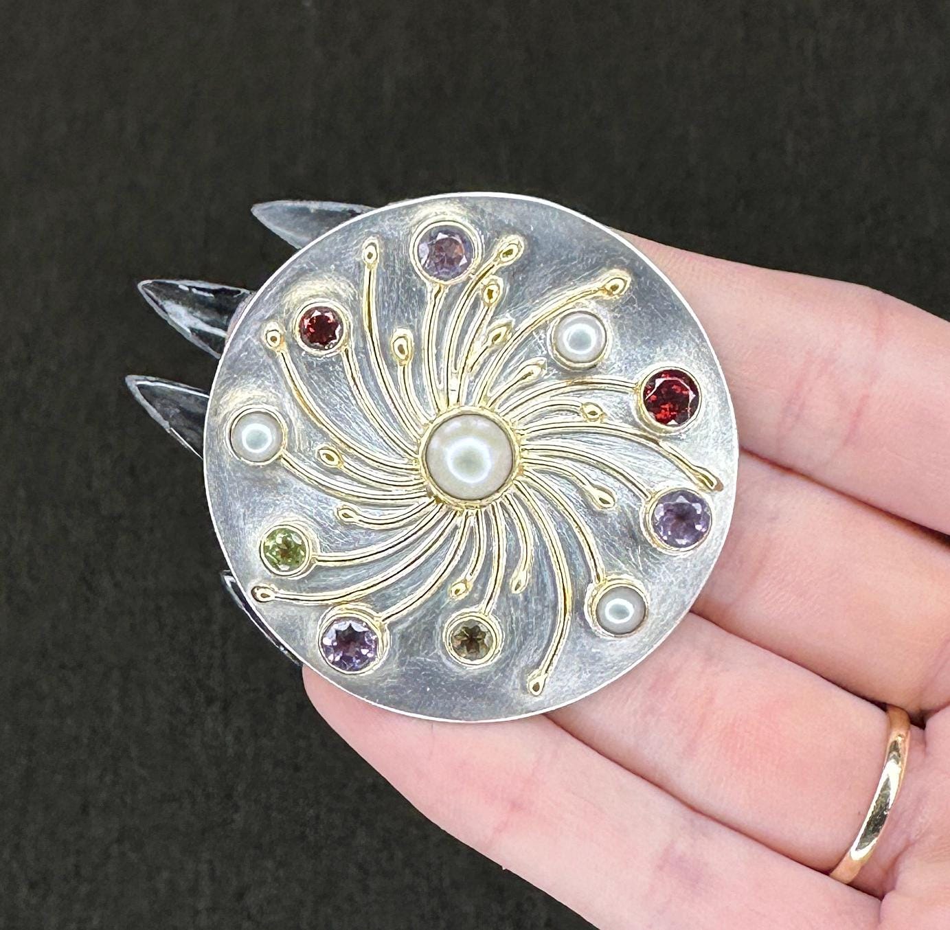Vintage Modernist Pearl, Multi Gemstone Sterling Silver Pendant Brooch
