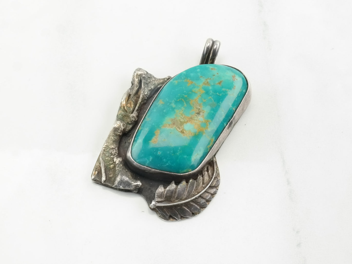 Vintage Southwest Turquoise Leaf Sterling Silver Pendant
