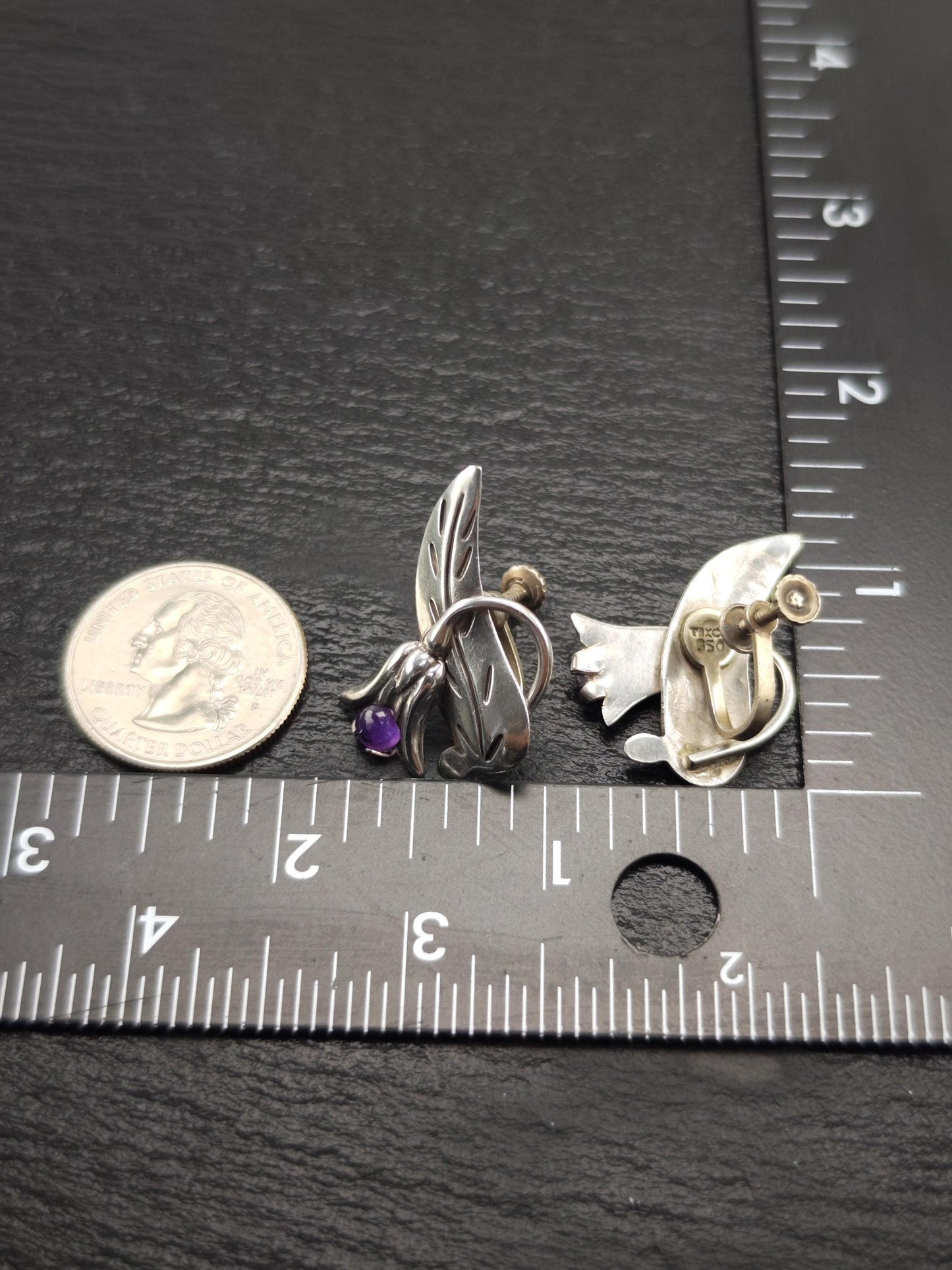 Taxco Amethyst Floral, Screw Back Earrings Sterling Silver
