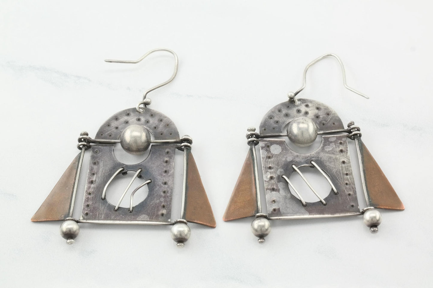 Vintage Sterling Silver Fish Hook Earrings Abstract Copper Abstract