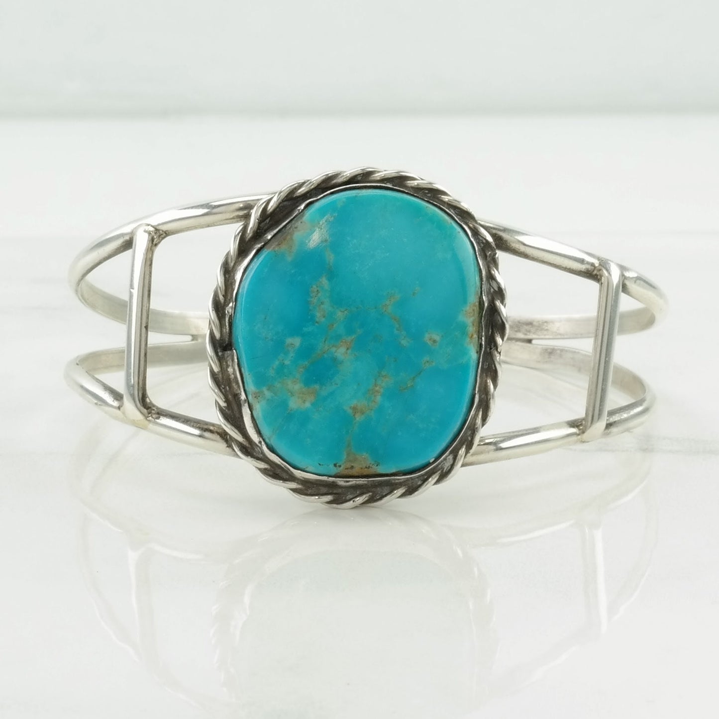 Southwest Sterling Silver Cuff Bracelet Blue Turquoise Rope Detail
