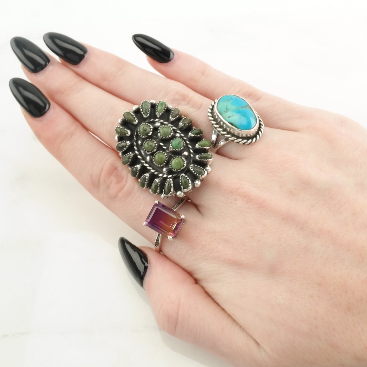 Vintage Southwest Silver Ring Turquoise Rope Detail Sterling Blue Size 6