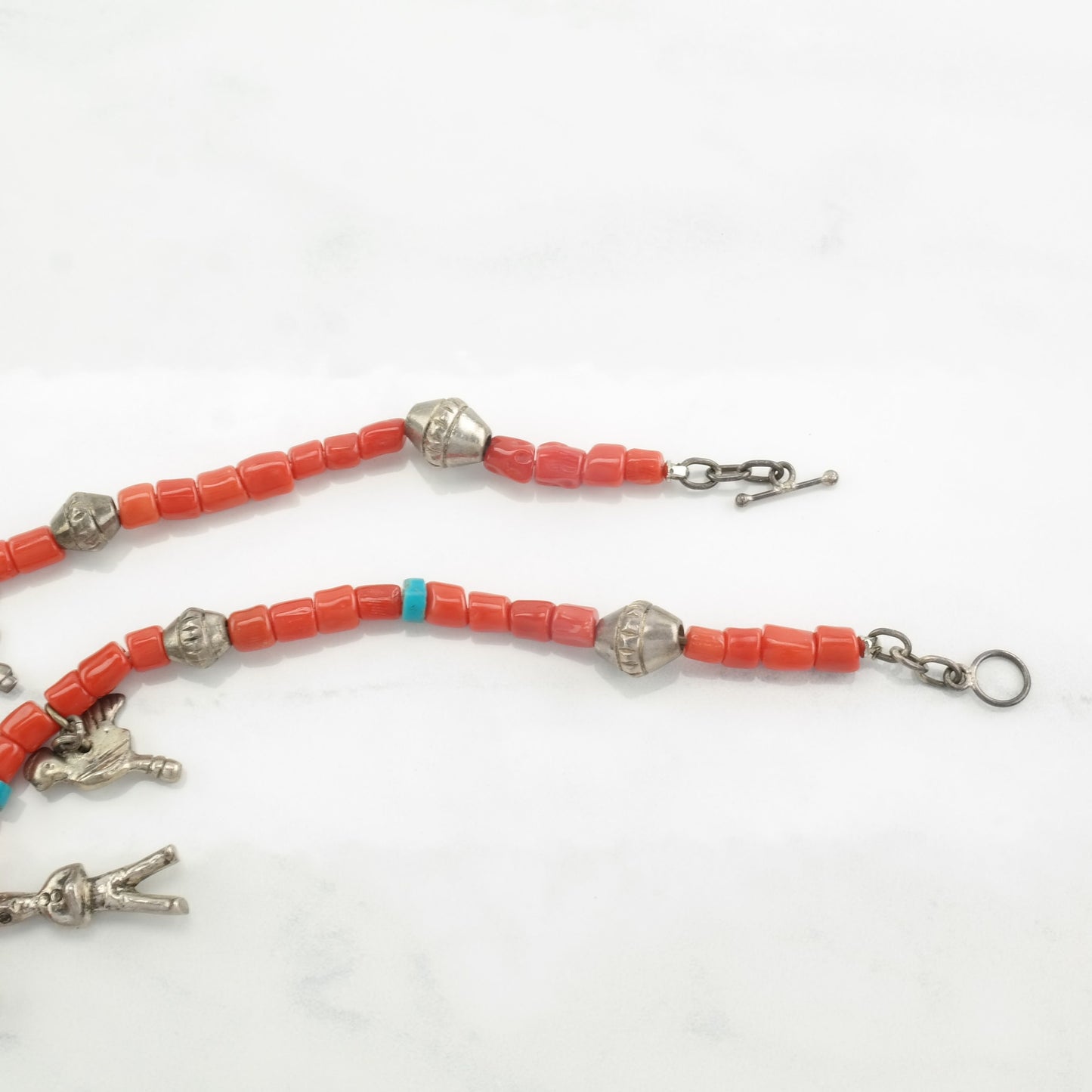 Native Sterling Silver Coral, Turquoise Bead, Figure Necklace N1873