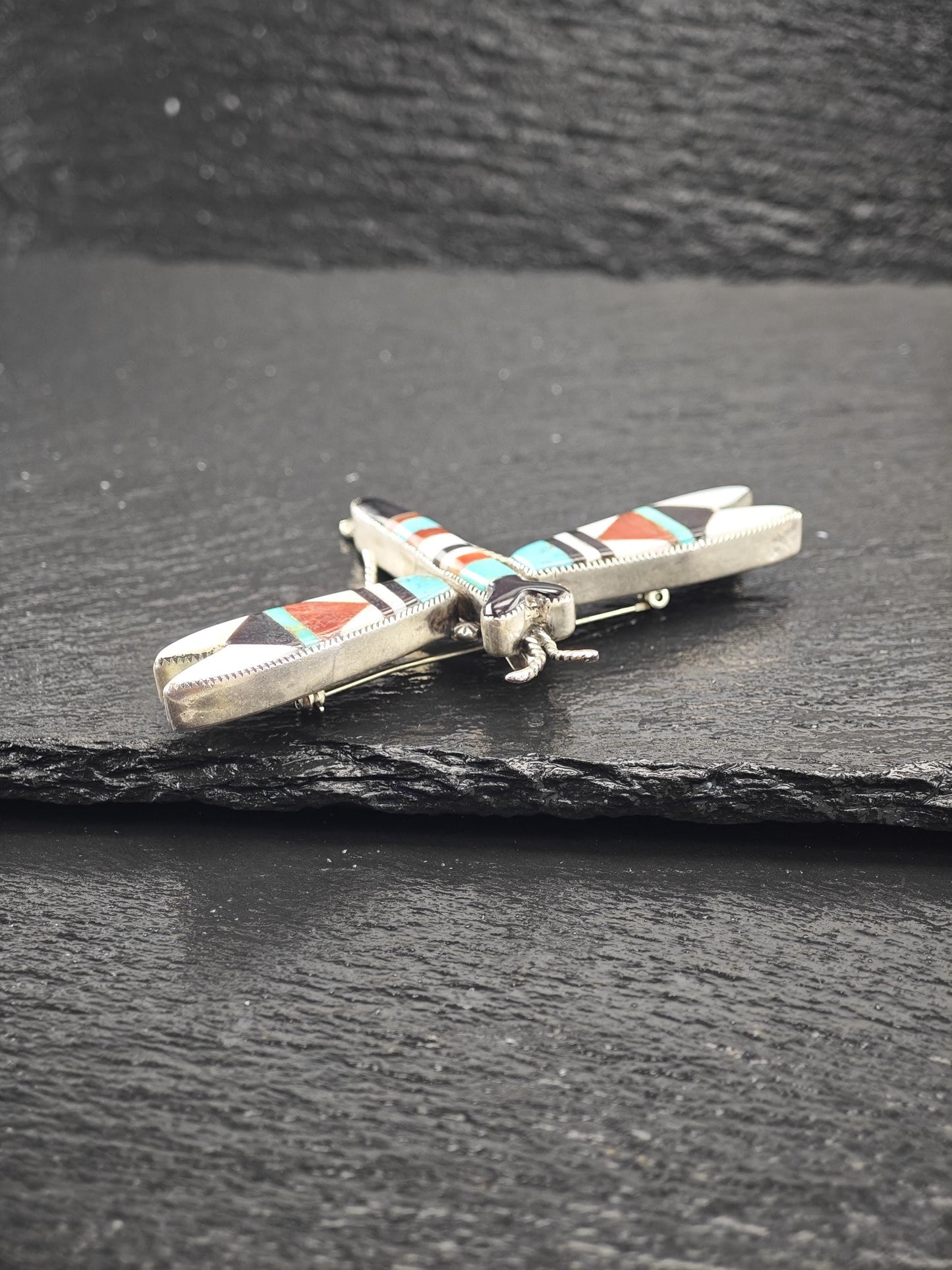 Attr. Lambert Homer Sr, Native American, Zuni Inlay, Dragonfly Brooch/Pendant Sterling Silver