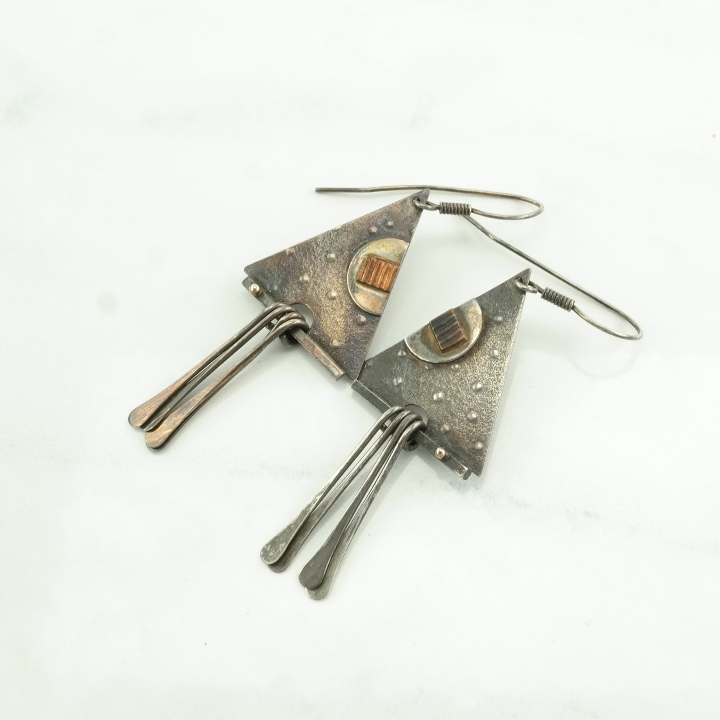 Vintage Sterling Silver Fish Hook/Dangle Earrings MCM, Modernist Abstract Triangular, Copper Inlay