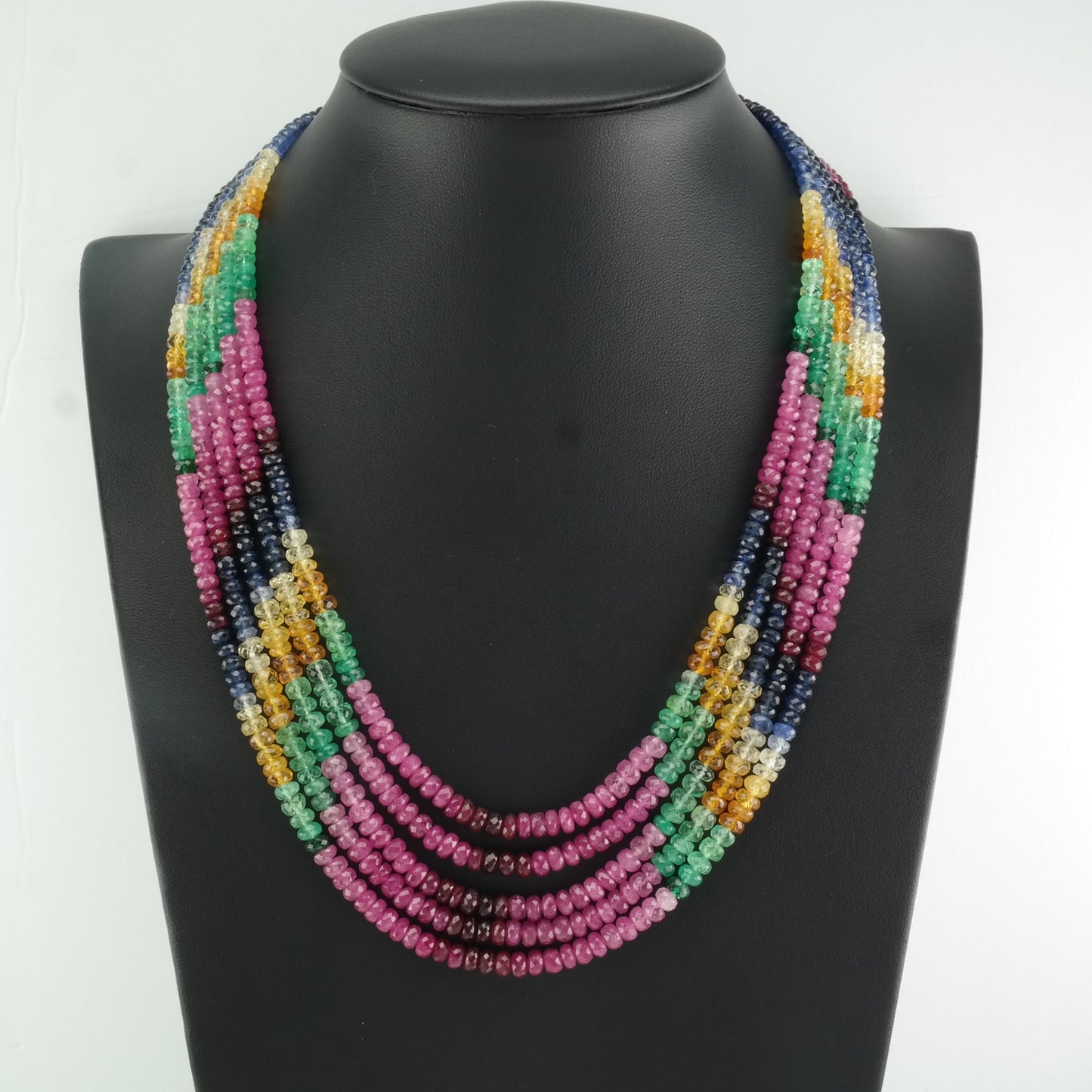 Vintage 500 ctw Rainbow Ruby, Sapphire, Citrine, Emerald 5 Strand, Bead Necklace