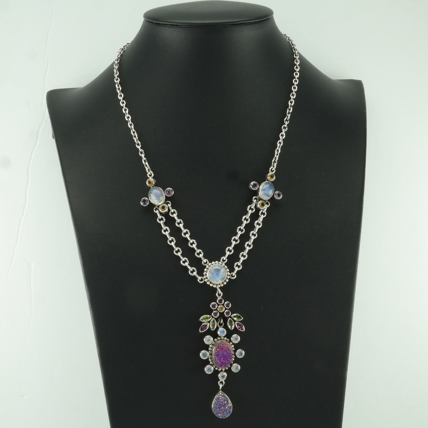 Nicky Butler Sterling Silver Rainbow Pink Moonstone Gemstone Floral Cluster Teardrop Necklace