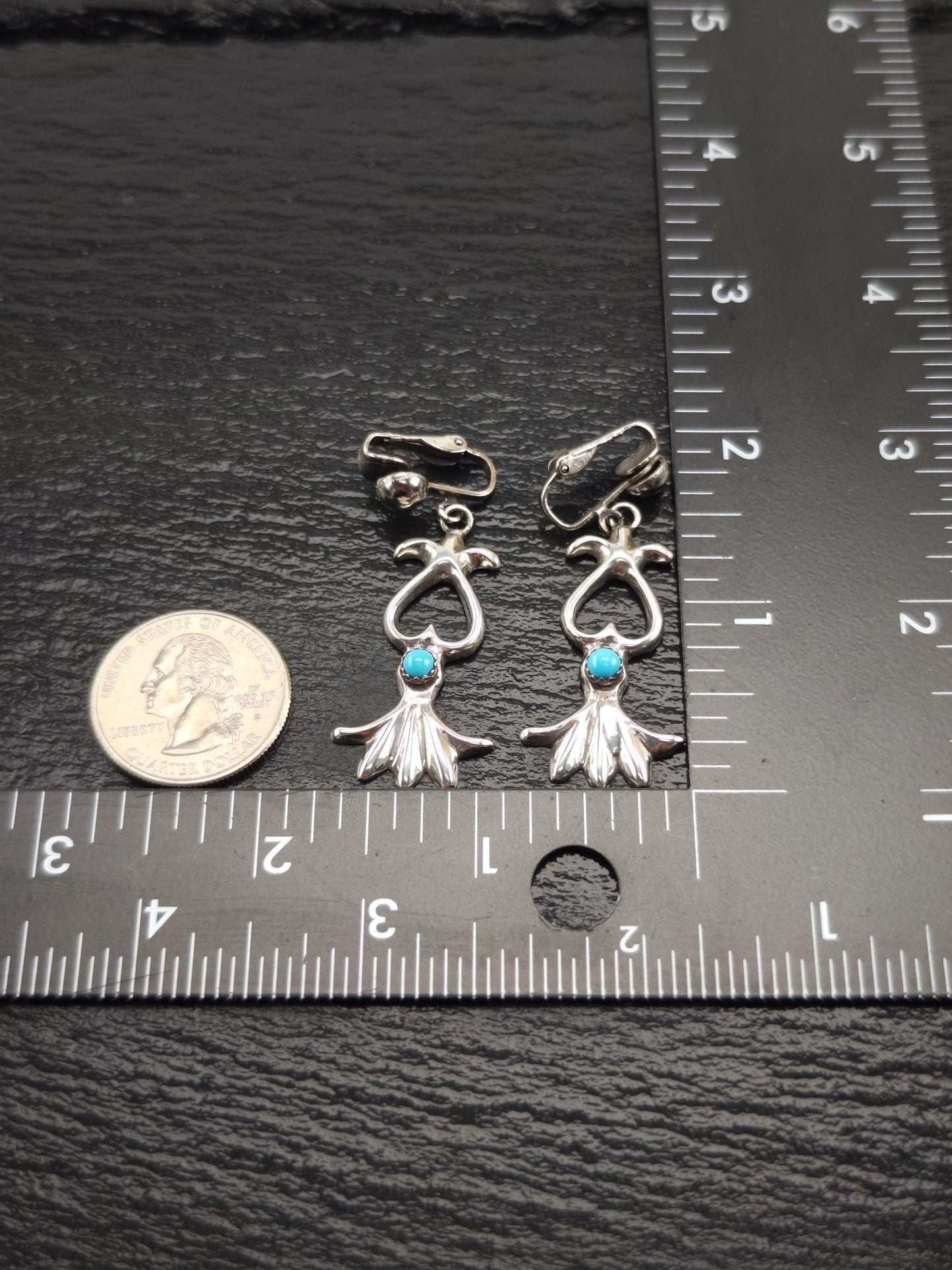 Southwest Blue Block Turquoise Sandcast Clip On/Dangle Earrings Sterling Silver