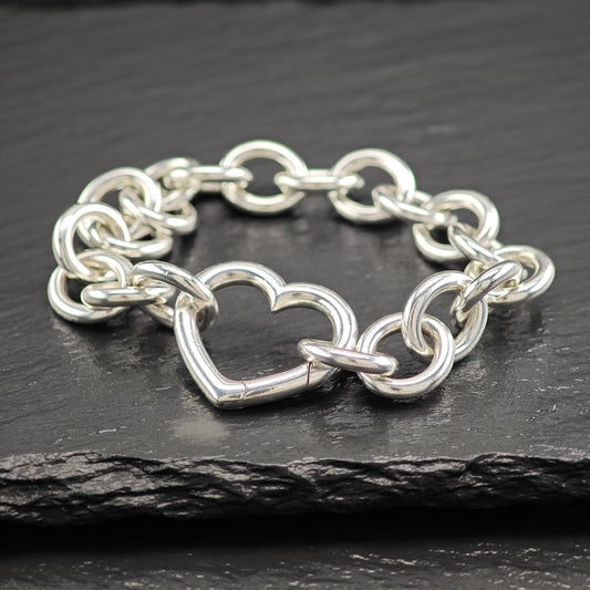 Sterling Silver Large Tiffany Curb Link Bracelet Heart Design