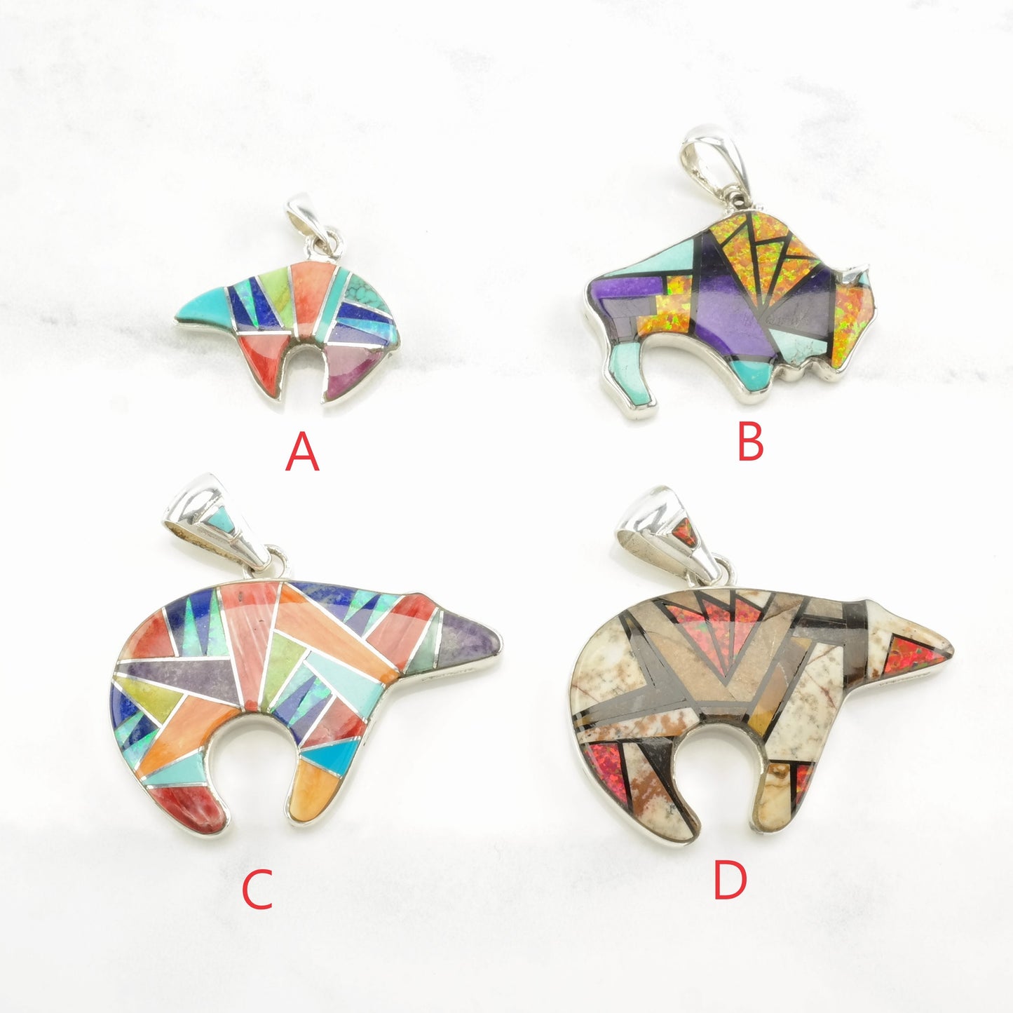 Vintage Southwest Lab Opal, Multi Gem Inlay, Bear, Buffalo, Reversible Sterling Silver Pendant